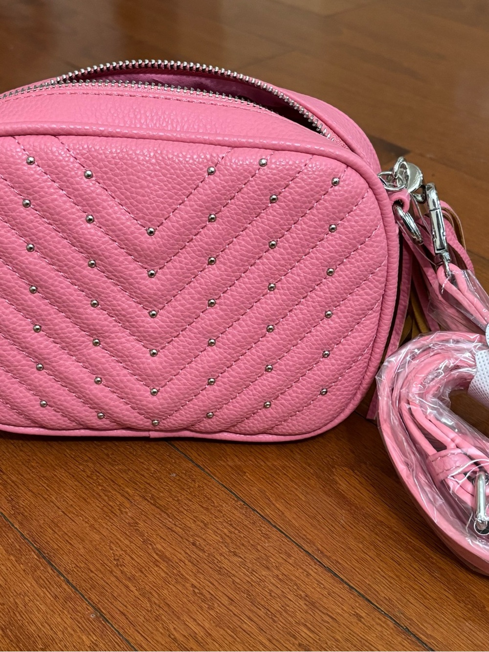 Pink Quilted Crossbody Shoulder Bag with Silver Stud Details